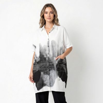 Artistic Print Button-Front Tunic in White