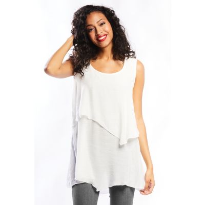 Double Layer Linen-Like Tank Top in White-S