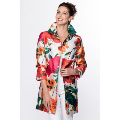 Open Front Floral Print Jacket in Red-XL