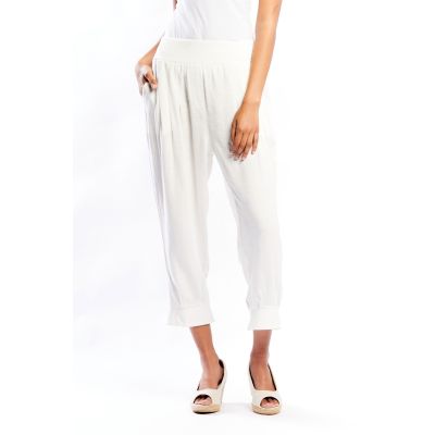 Button Detail Pull-On Pants in White-L