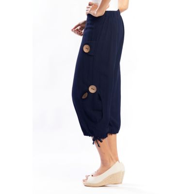 Side Button Linen-Blend Capri in Navy-XXL