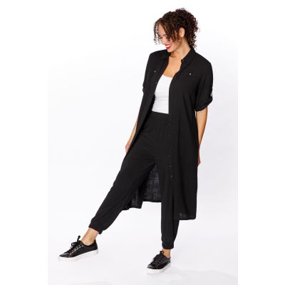 Button-Tab Sleeve Long Tunic in Black-S/M