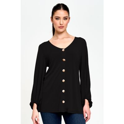 Button Front Bishop Sleeve Top in Black