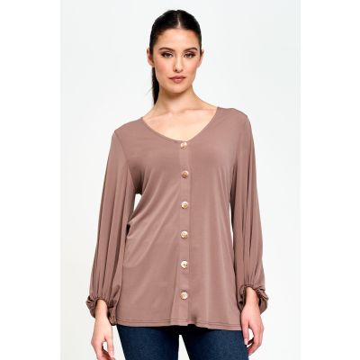 Button Front Bishop Sleeve Top in Mink