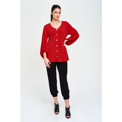 Button Front Bishop Sleeve Top in Red