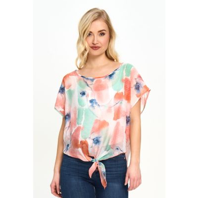 Front-Tie Print Topper in Peach-S/M