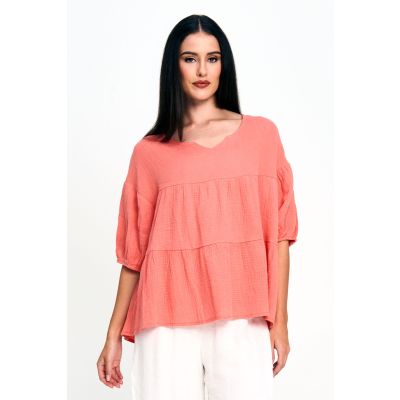 Cotton Gentle Ruffle Top in Coral