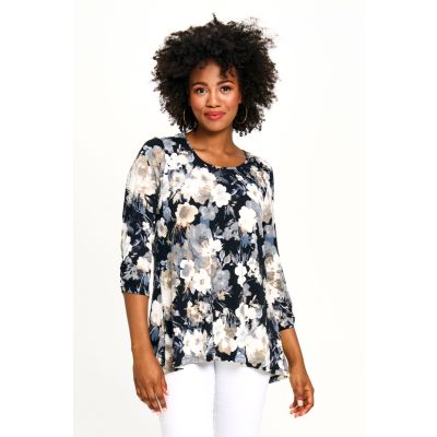 Crew Neck Printed Long Sleeve Top in Grey-XL