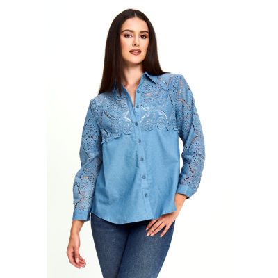 Button Up Top with Lace Detail in Blue-XL