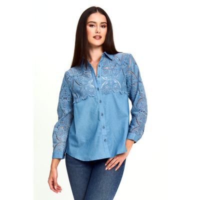 Button Up Top with Lace Detail in Blue