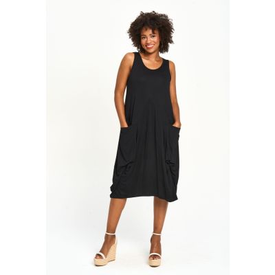 Double Pocket Stretch Dress in Black-L