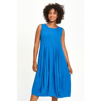 Linen Cotton Blend Bubble Blocked Dress in Royal-L