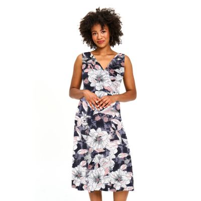 Midi Length Faux Wrap Dress in Black & Pink-XL