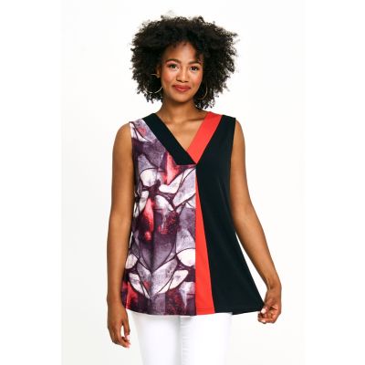 Solid & Patterned Sleeveless V-Neck Top in Coral-XXL
