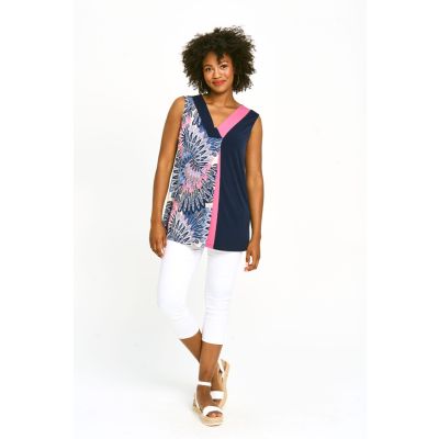 Solid & Patterned Sleeveless V-Neck Top in Multi-XXL