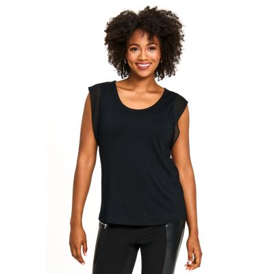 Georgette Cap Sleeve Tone on Tone Top in Black-XXL