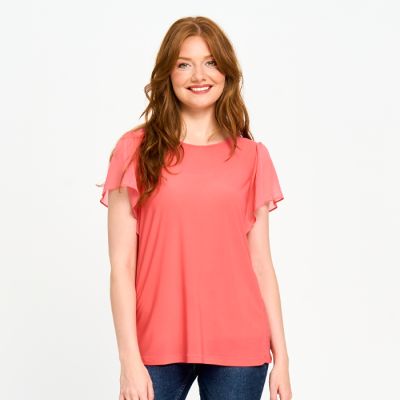 Flutter-Sleeve Chiffon Top in Coral-M
