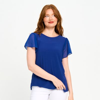 Flutter-Sleeve Chiffon Top in Sapphire-XXL