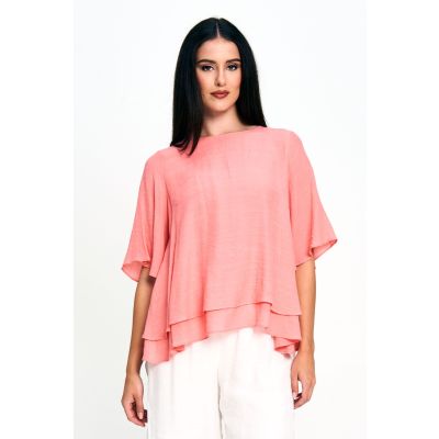 Faux Linen Layer Top in Coral-XXL