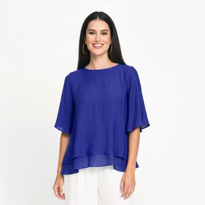 Faux Linen Layer Top in Navy-S