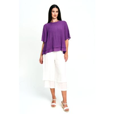 Faux Linen Layer Top in Purple-L