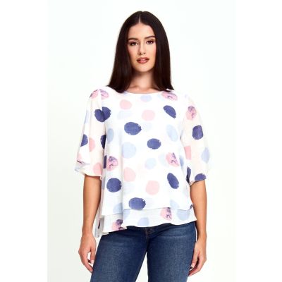 Faux Linen Dot Top in Blue-L