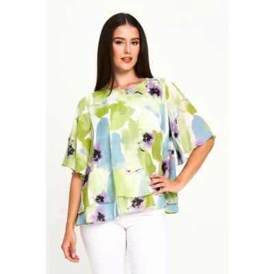 Faux Linen Watercolour Top in Lime-XXL