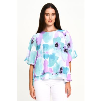 Faux Linen Watercolour Top in Turquoise-S