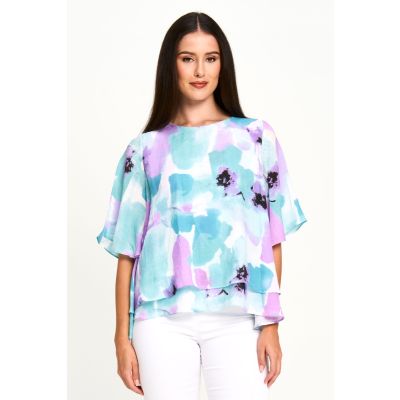 Faux Linen Watercolour Top in Turquoise