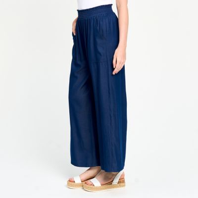 Smocked Waist Wide Leg Pant in Indigo-XL