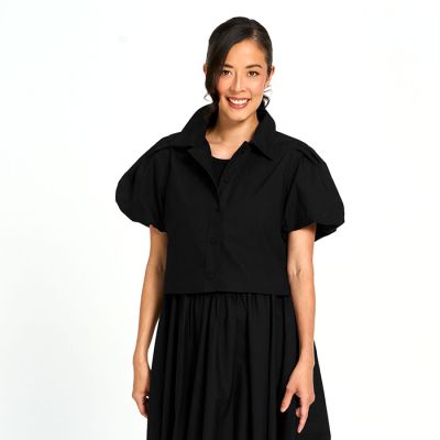 Bubble Sleeve Button Down Topper in Black-L