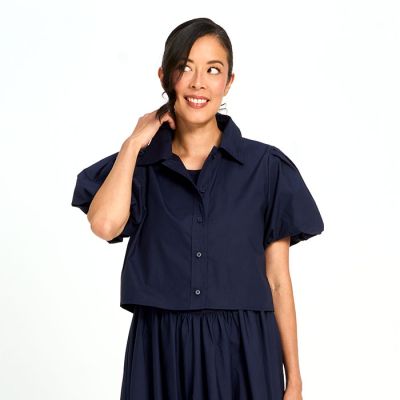 Bubble Sleeve Button Down Topper in Navy-XXL