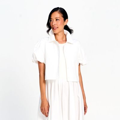 Bubble Sleeve Button Down Topper in White-XL