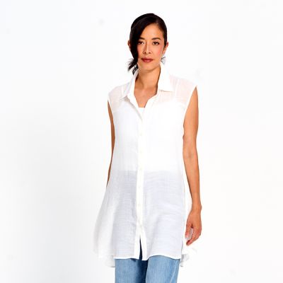 Faux Linen Collared Button Down Tunic in Ivory-L