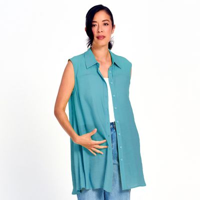 Faux Linen Collared Button Down Tunic in Jade-XL
