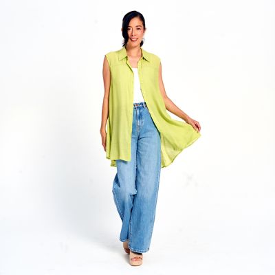 Faux Linen Collared Button Down Tunic in Lime