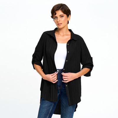 Striped Button Down Blouse in Black-XL