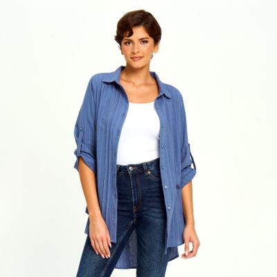 Striped Button Down Blouse in Blue-XL