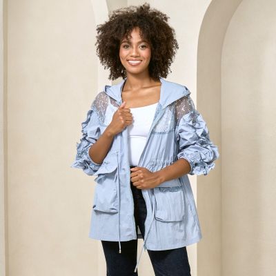Sequinned Lightweight Jacket with Hoody in Light Blue