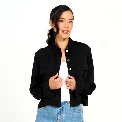 Satin Feel Button Down in Black-S