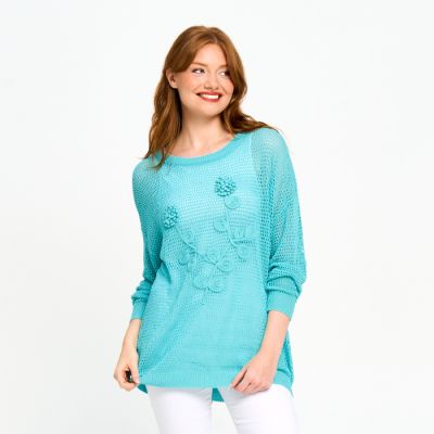 Open Weave Flower Sweater in Aqua