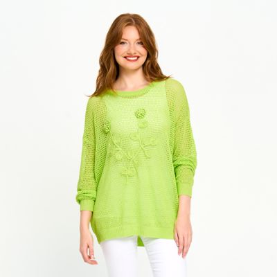 Open Weave Flower Sweater in Green Apple-S/M
