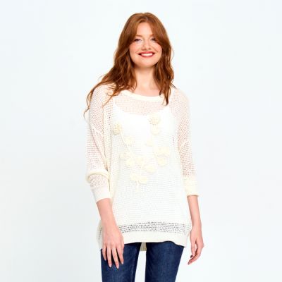 Open Weave Flower Sweater in Ivory