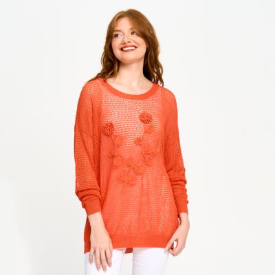Open Weave Flower Sweater in Orange