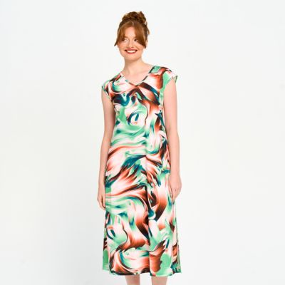 Digital Print V-Neck Dress in Orange-S
