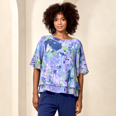 Painted Double Layer Faux Linen Top in Purple-XL