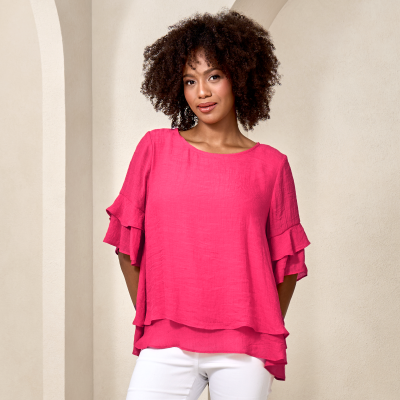 Double Flutter Sleeve Faux Linen Top in Fuchsia-XXL
