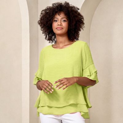 Double Flutter Sleeve Faux Linen Top in Lime