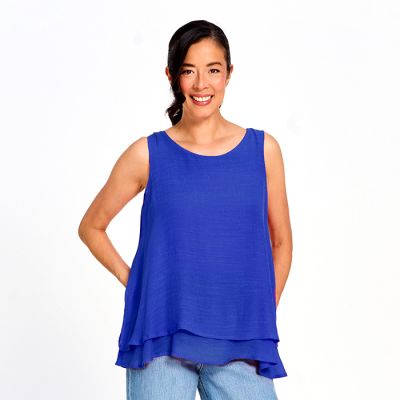 Sleeveless Double Layer Faux Linen Top in Cobalt-XXL