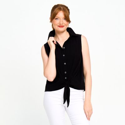 Tie Front Sleeveless Button-Up Top in Black-XL